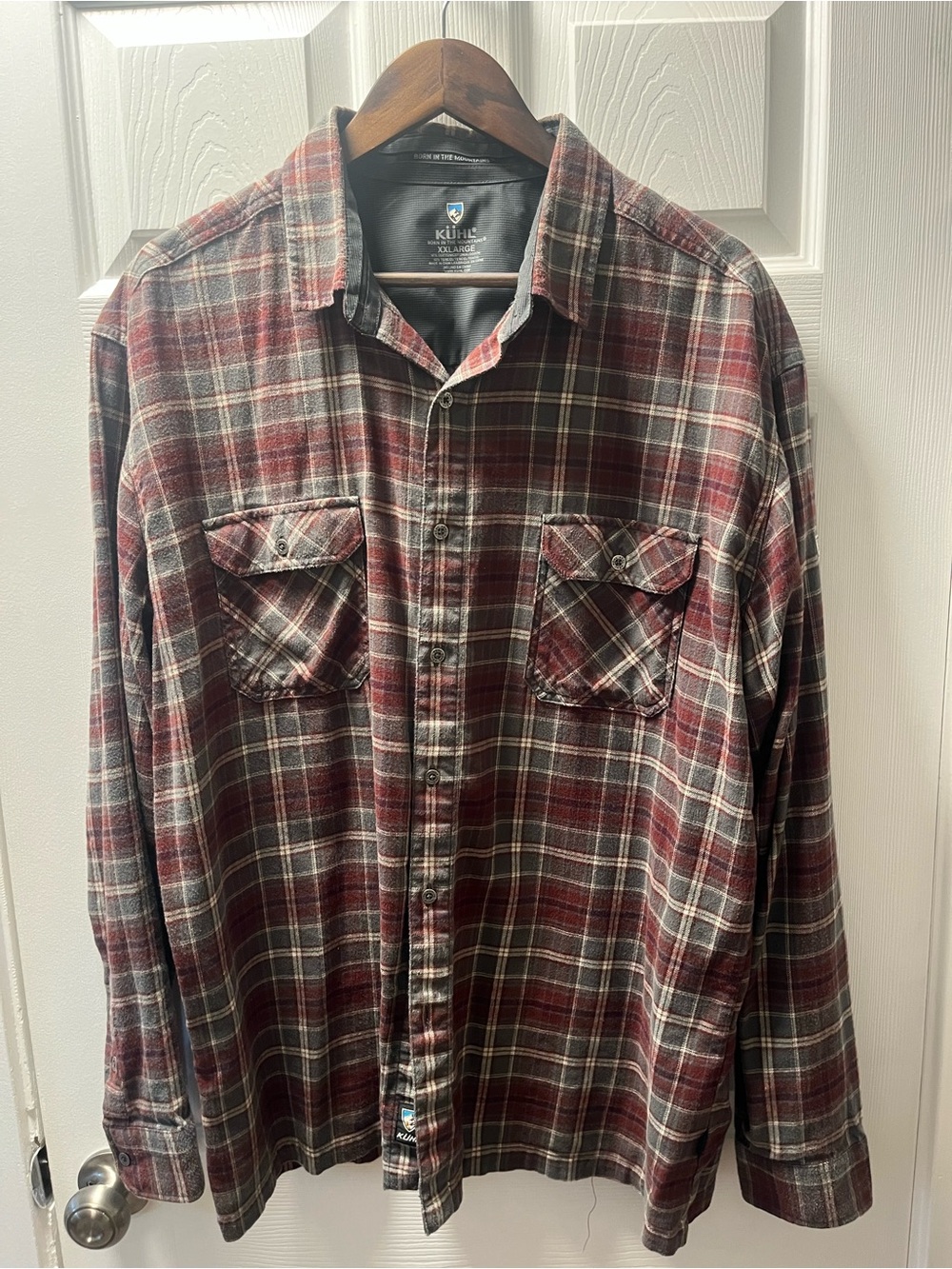 Kuhl Men's Burgundy and Gray Plaid Button-Down Flannel Shirt 2XL